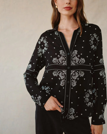 Button Down Blouse in Black Bandana Print