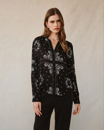 Button Down Blouse in Black Bandana Print