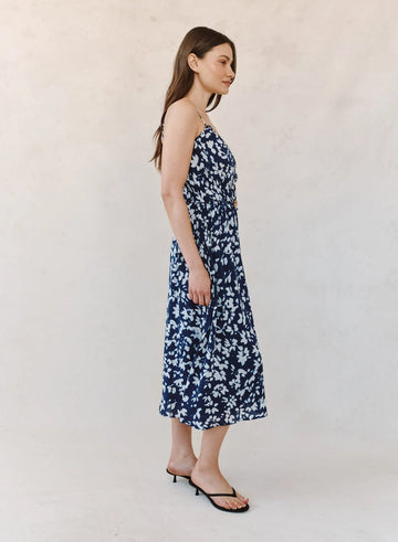Elastic Waist Midi Dress in Indigo Bloom