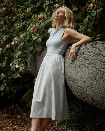 Mixed Crew Neck Midi Dress in Minted Sage