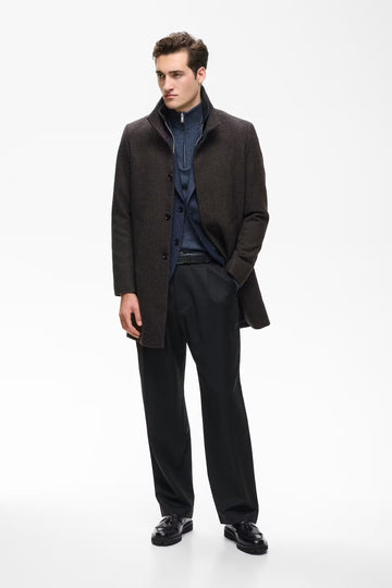 Harvey Wool Coat in Houndstooth Dark Navy