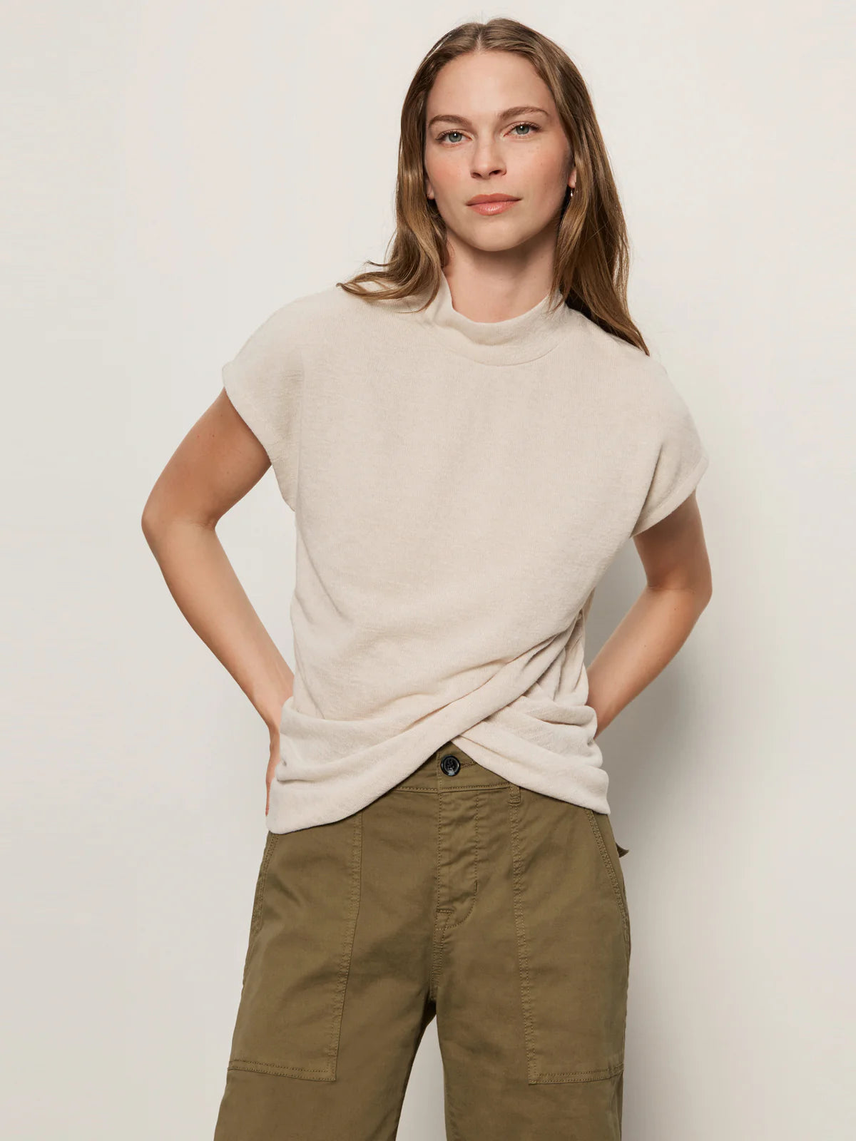 Draped Sleeveless Mock Neck in Mother of Pearl