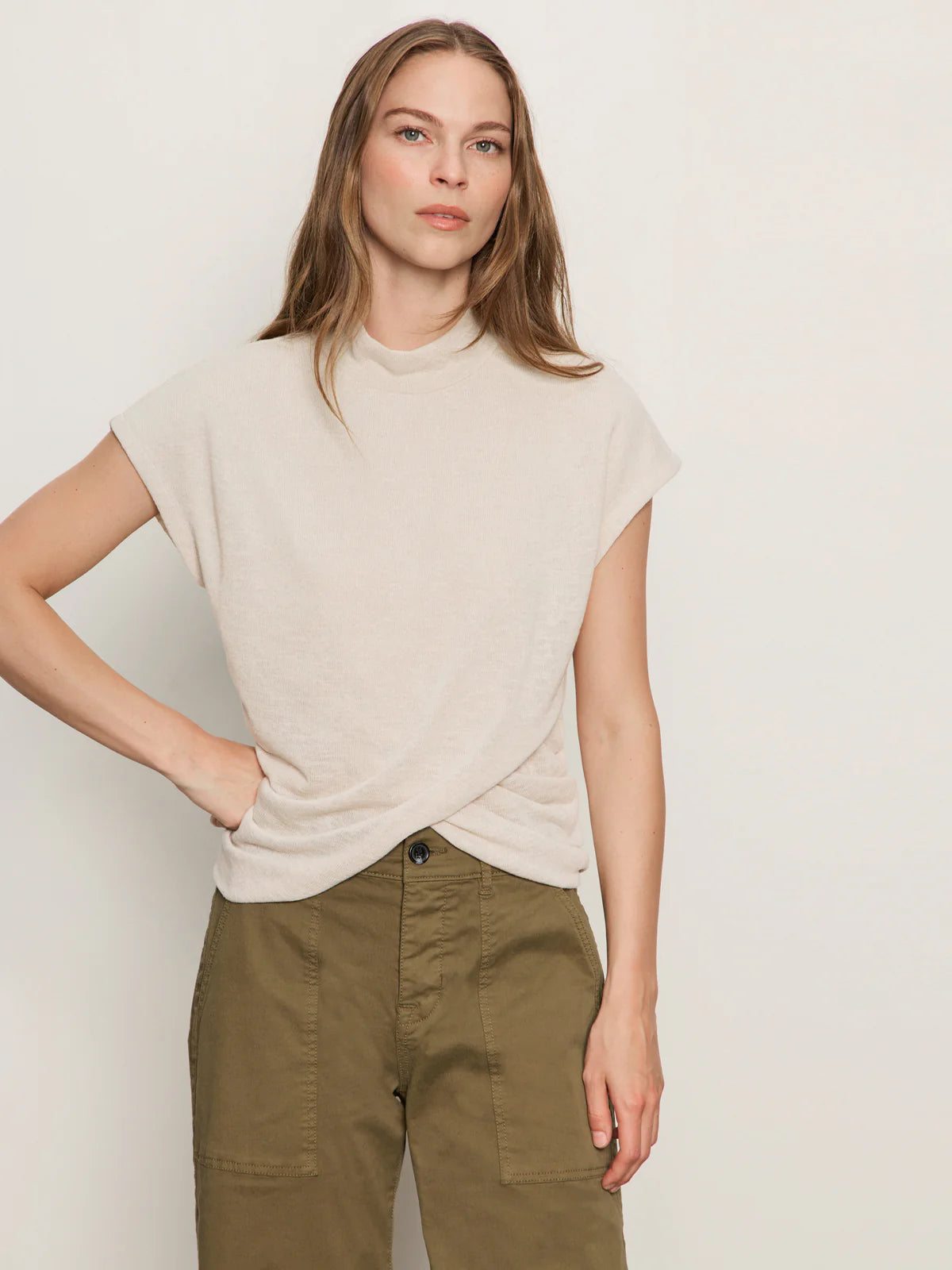 Draped Sleeveless Mock Neck in Mother of Pearl
