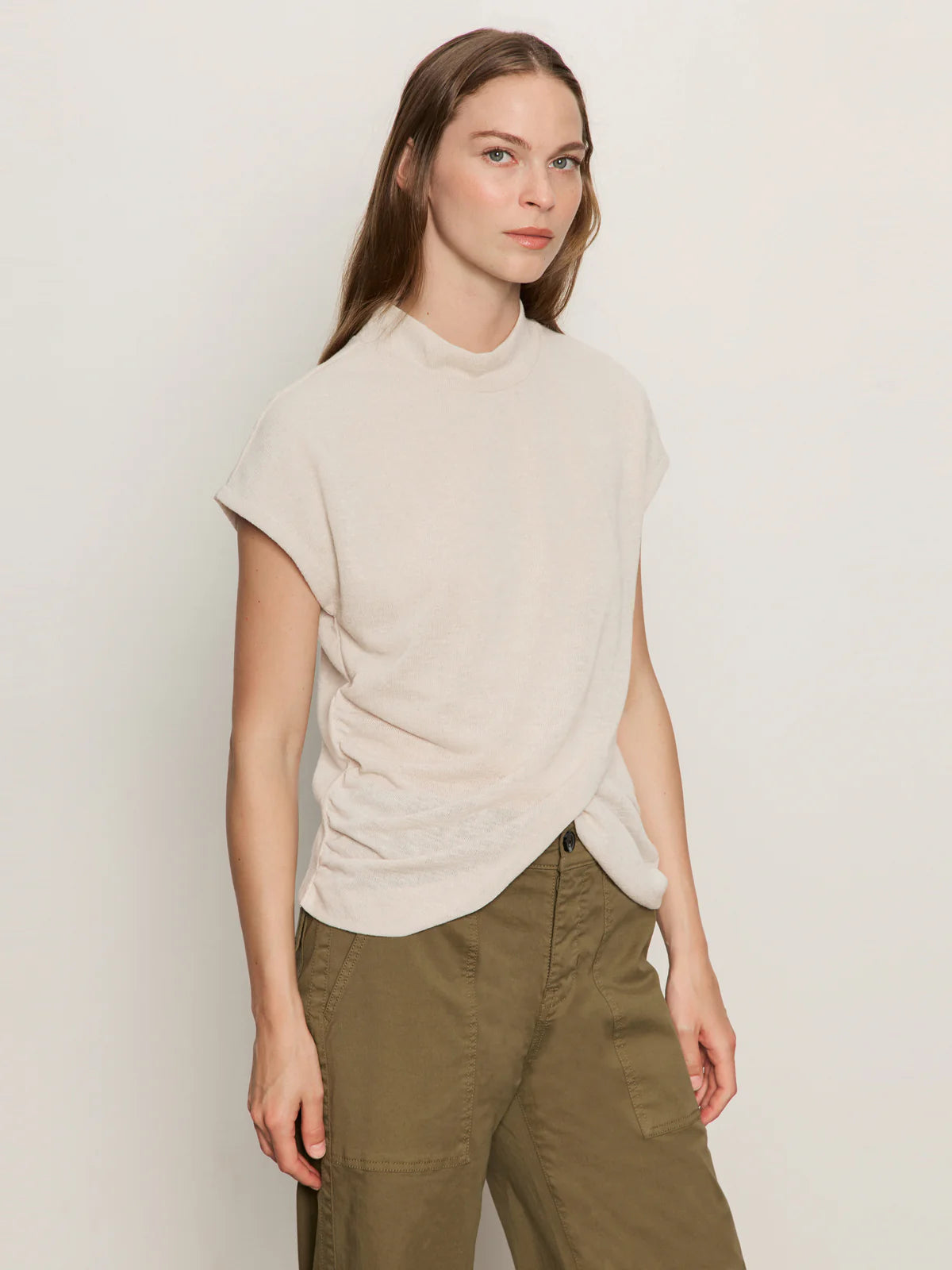 Draped Sleeveless Mock Neck in Mother of Pearl