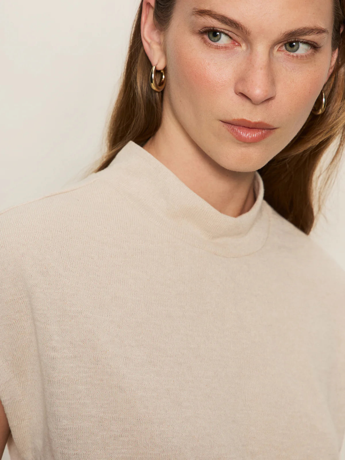 Draped Sleeveless Mock Neck in Mother of Pearl