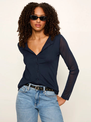 Mesh Long Sleeve Cardigan in Navy Blazer
