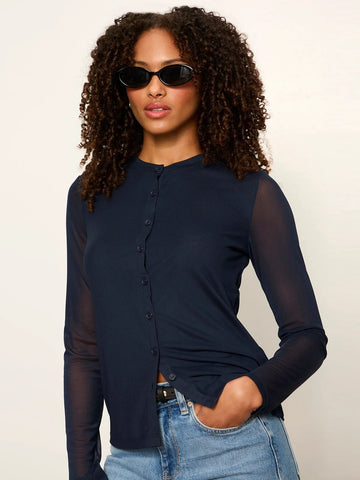 Mesh Long Sleeve Cardigan in Navy Blazer