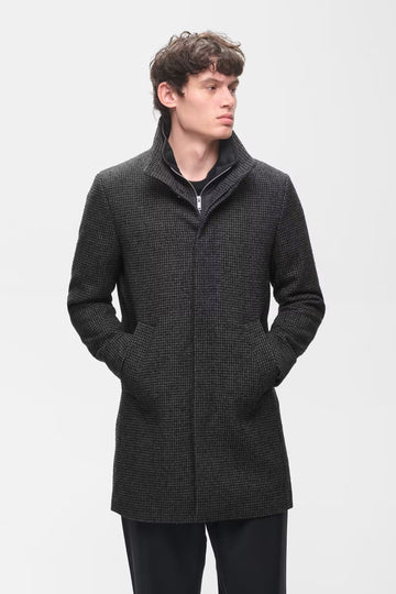 Harvey Wool Coat in Houndstooth Dark Grey Melange