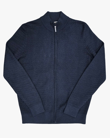 Basket Weave Full Zip Knit Jacket in Navy
