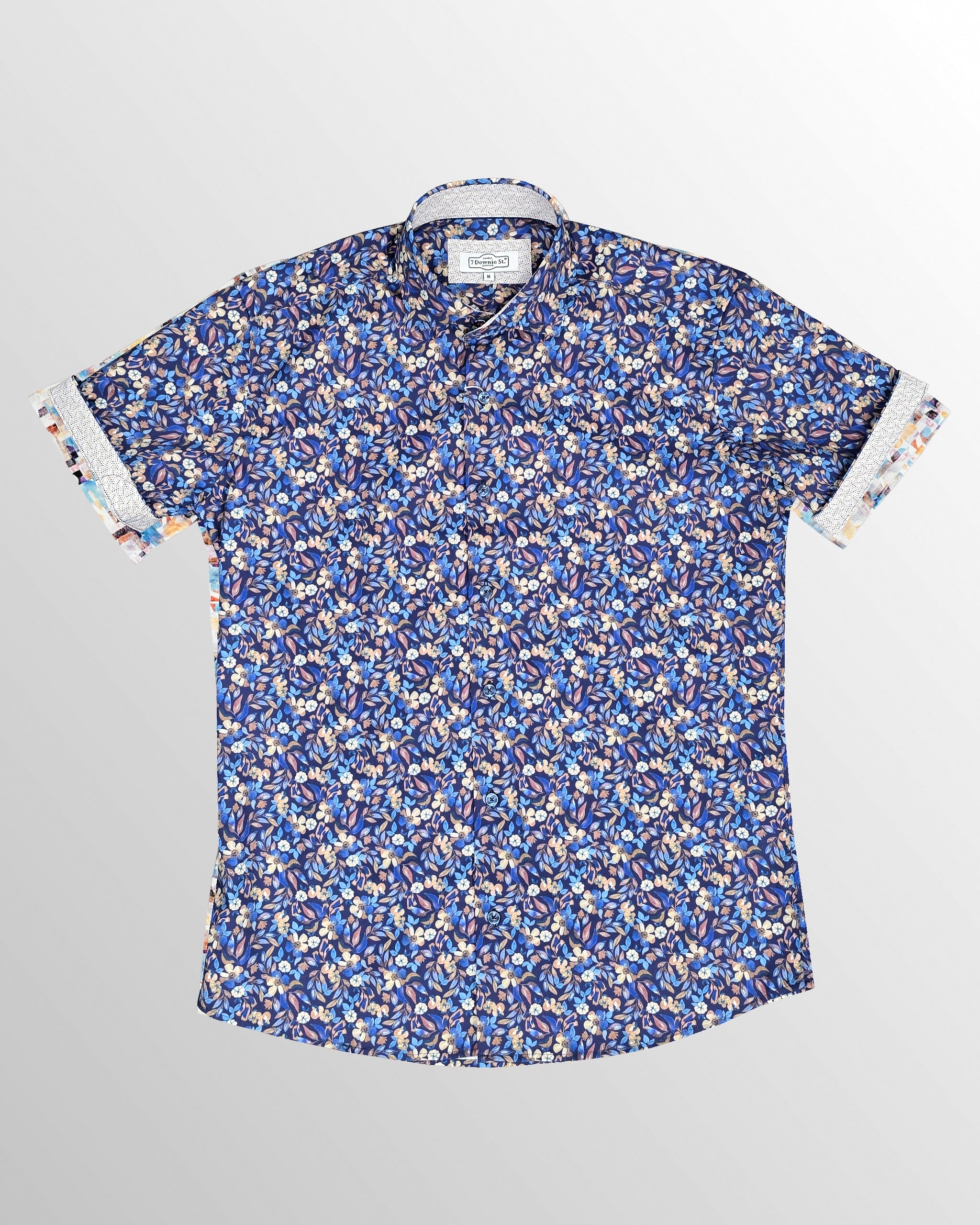 Cotton Blend Sport Shirt in Navy/Beige