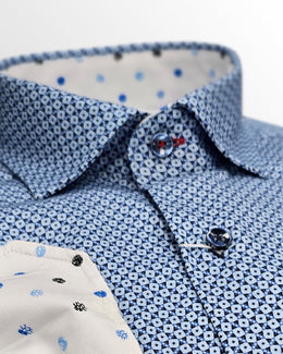 Cotton Blend Stretch Sport Shirt in Blue Mini Print