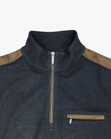 1/4 Zip Sweater in Charcoal with Brown Suede-Look Detailing