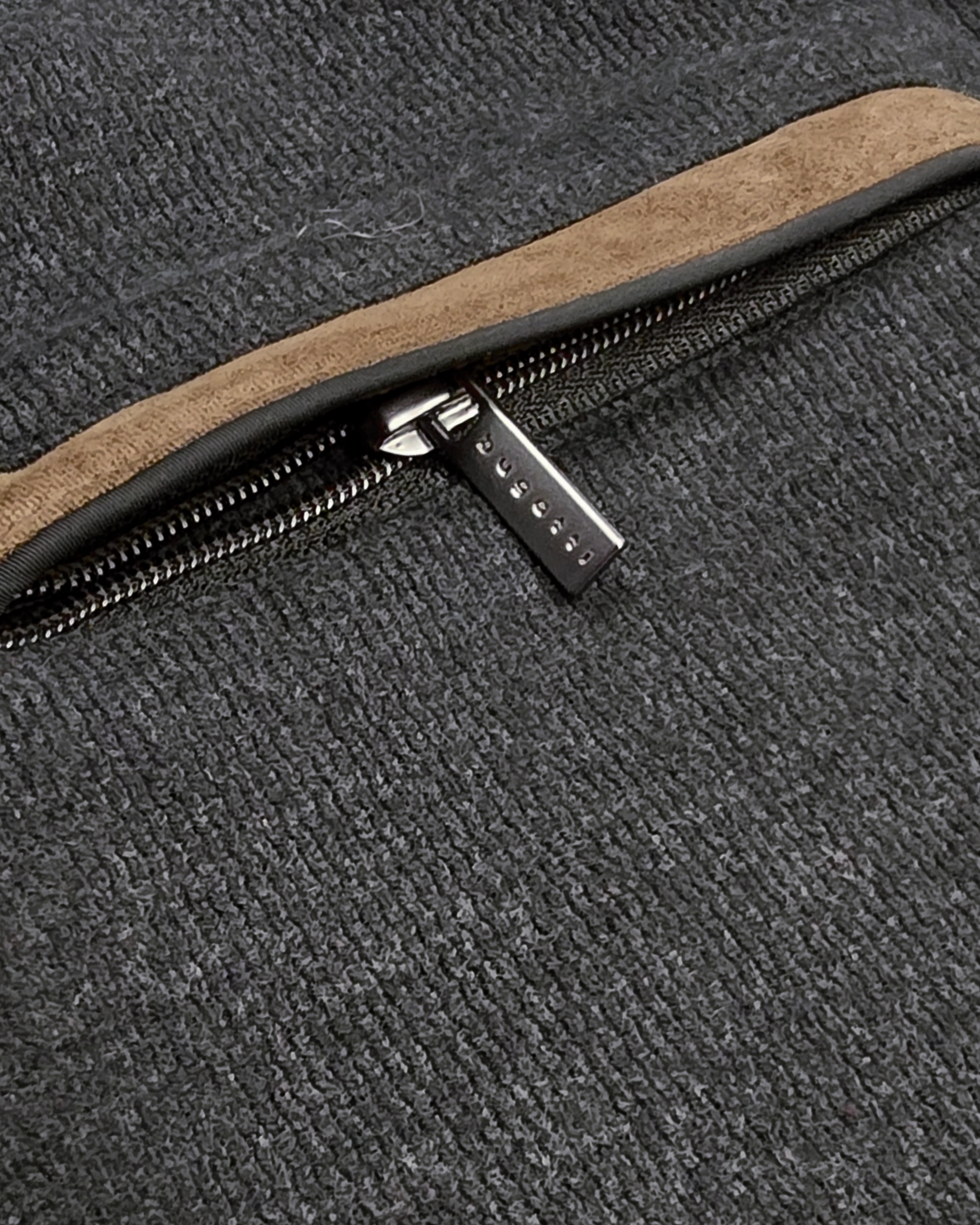 1/4 Zip Sweater in Charcoal with Brown Suede-Look Detailing