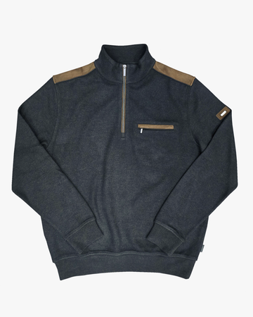 1/4 Zip Sweater in Charcoal with Brown Suede-Look Detailing