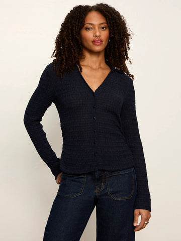 Juno Textured Button Front Top in Navy Blazer