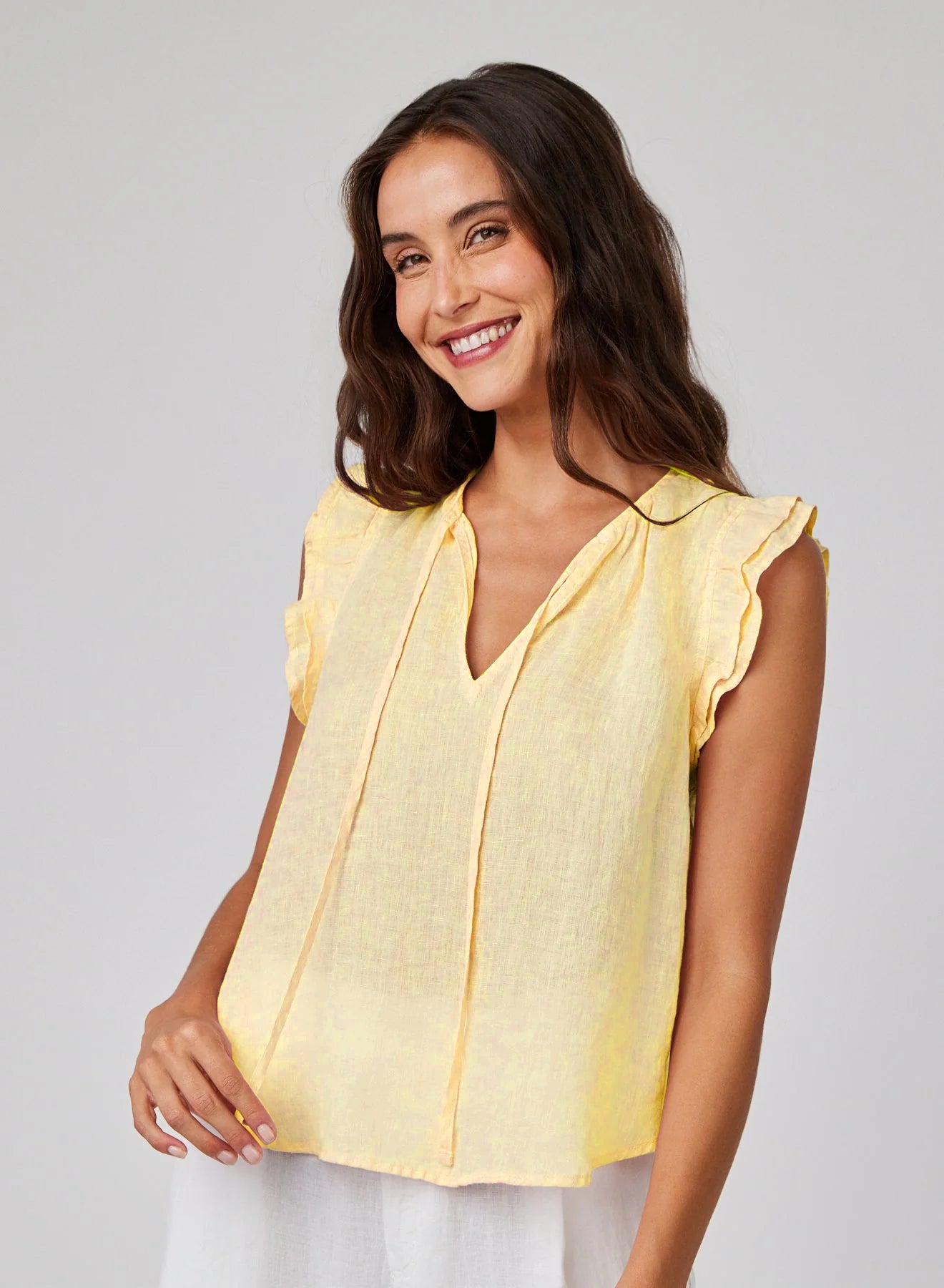 Linen Ruffle Sleeve Top in Dahlia Yellow