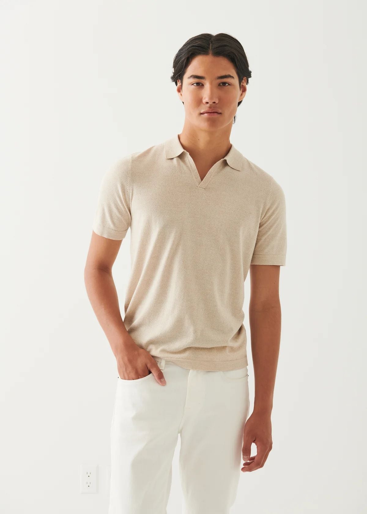 Cotton Cupro Open Polo in Mushroom