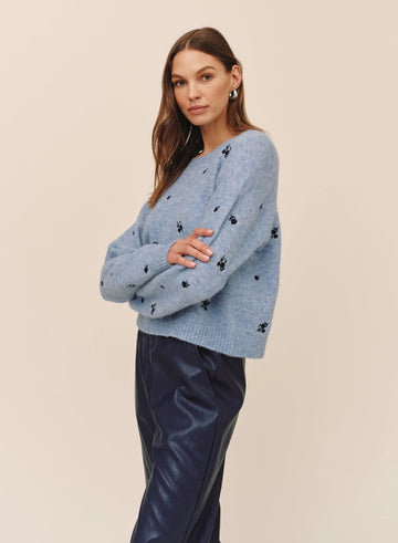 Embroidered Crew Neck Sweater in Blue Dream
