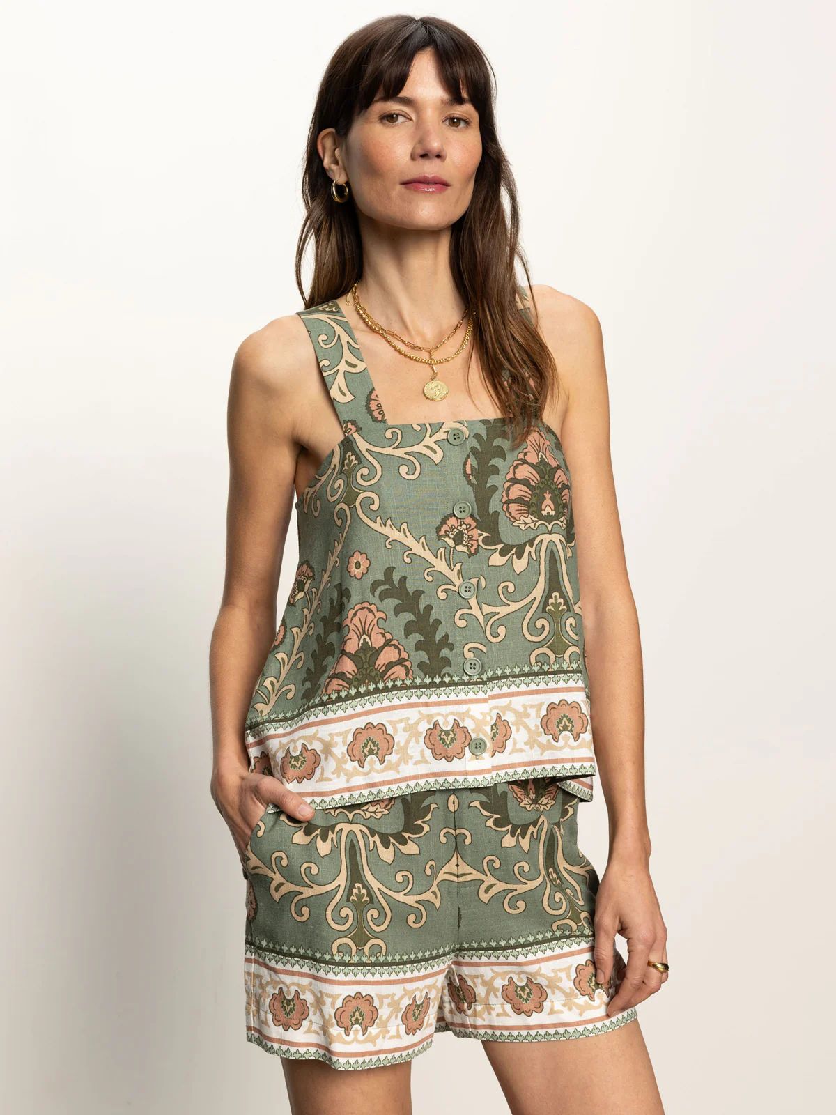 Button Back Cami in Messo Sage