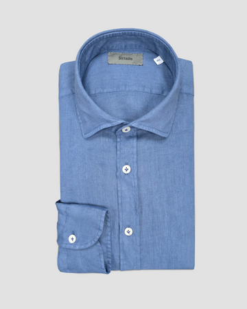 Garment Dyed Long Sleeve Linen Shirt in Blue
