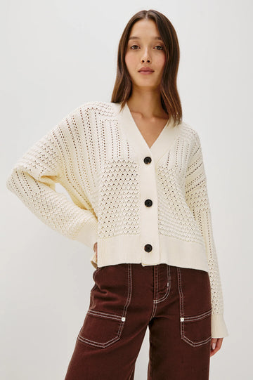 Geneva Patchwork Pointelle Cardigan in Ivory