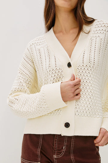 Geneva Patchwork Pointelle Cardigan in Ivory