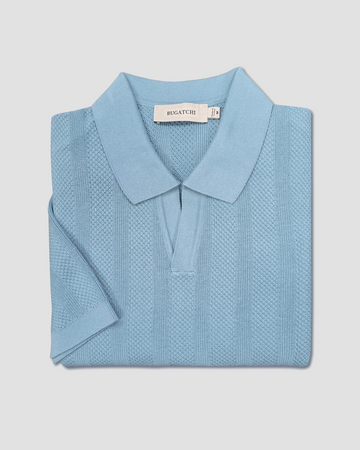 Textured Stripe Johnny Collar Knit Polo in Ether