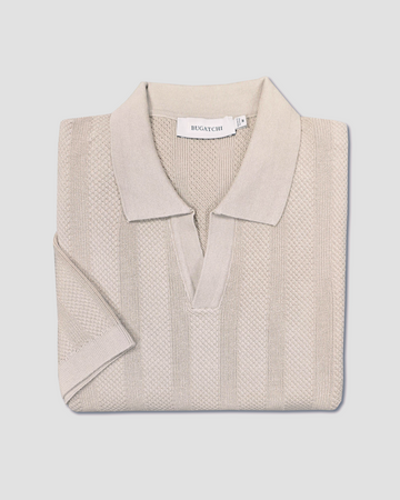 Textured Stripe Johnny Collar Knit Polo in Sand