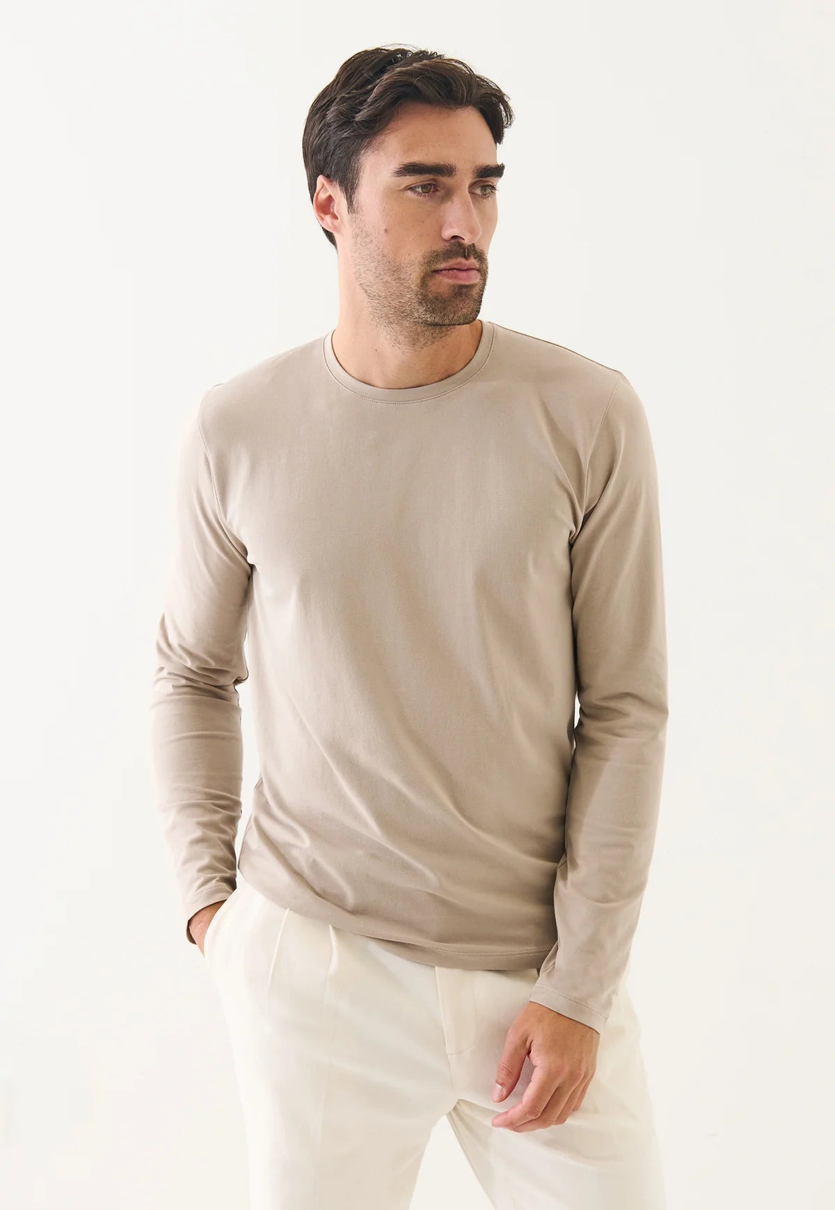 Long Sleeve Pima Cotton Stretch Shirt in Putty