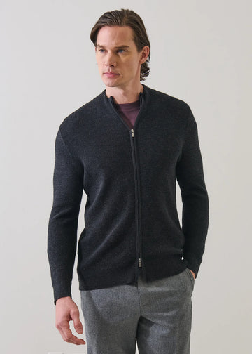 Extra-Fine Merino Wool Textured Full Zip Sweater in Noir