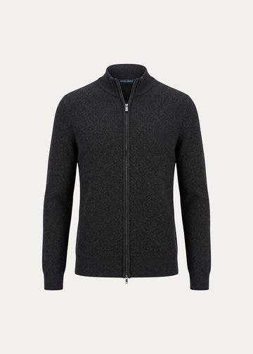 Extra-Fine Merino Wool Textured Full Zip Sweater in Noir