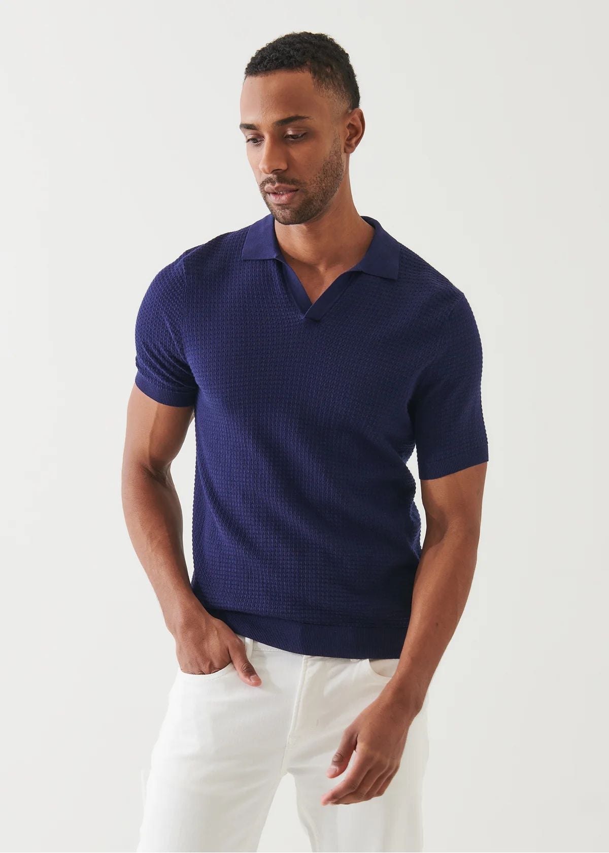 Cotton Cashmere Blend Open Polo in Navy