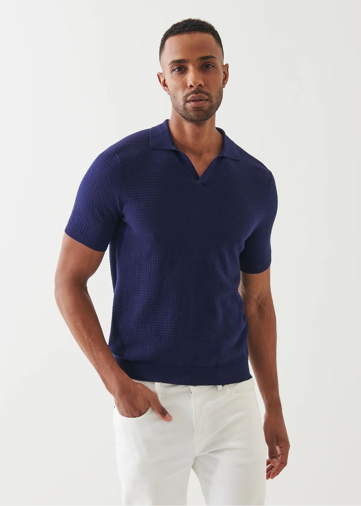 Cotton Cashmere Blend Open Polo in Navy