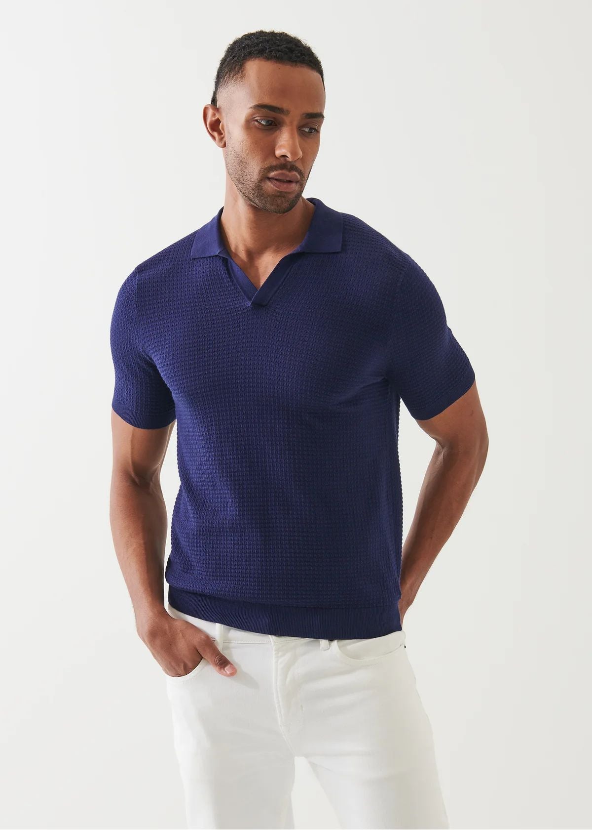 Cotton Cashmere Blend Open Polo in Navy