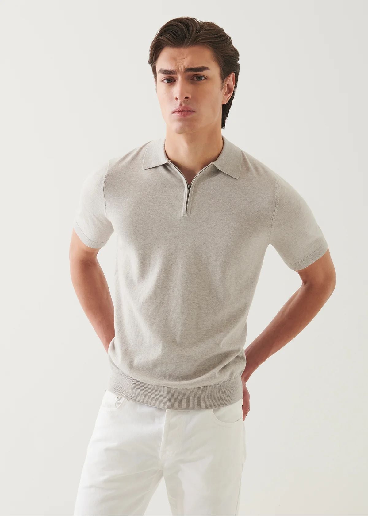 Cotton Cashmere Quarter Zip Polo in Feather