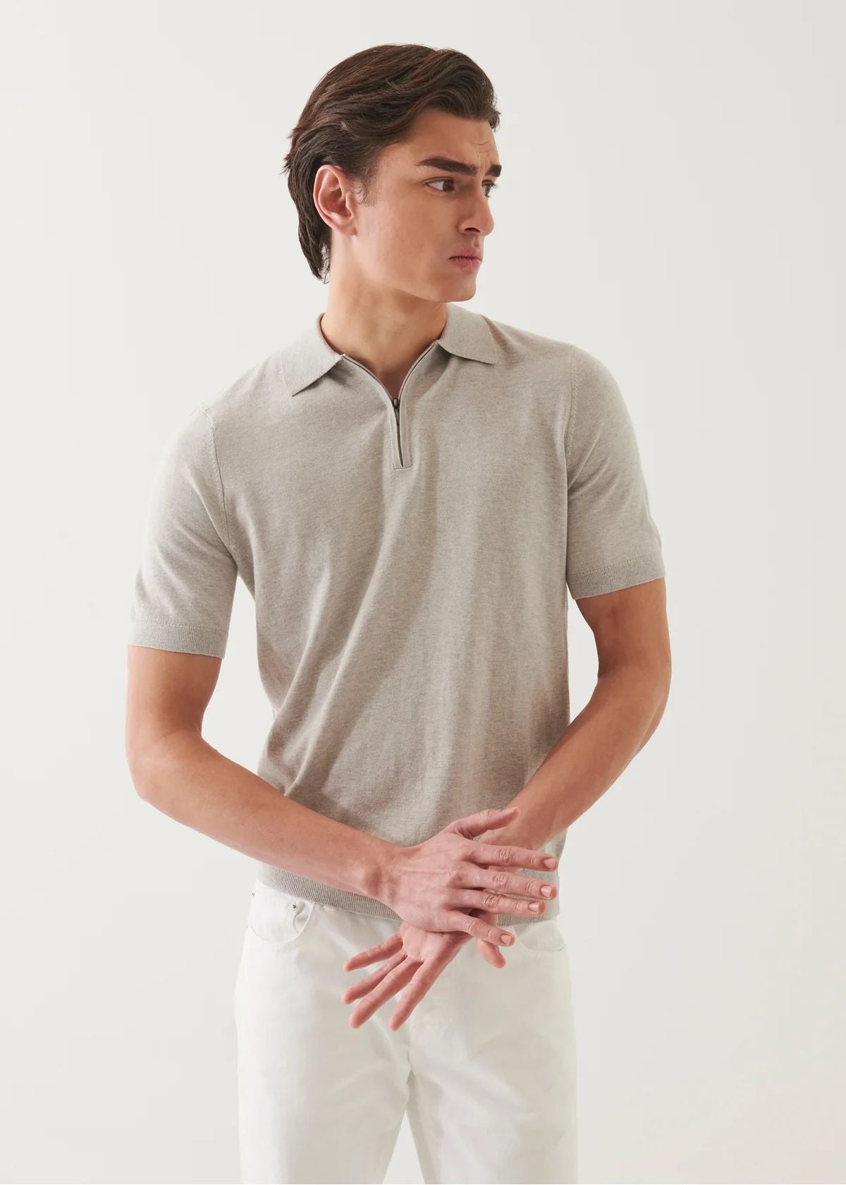 Cotton Cashmere Quarter Zip Polo in Feather