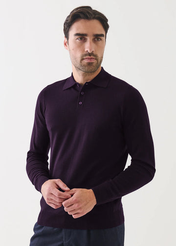 Extra-Fine Merino Button Polo in Blackcurrant