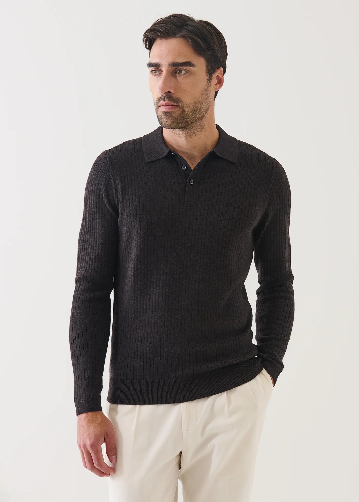 Merino Wide Ribbed Polo in Brownie