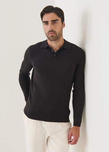 Merino Wide Ribbed Polo in Brownie