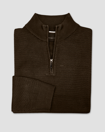 1/4 Zip Textured Cotton Pullover in Brown