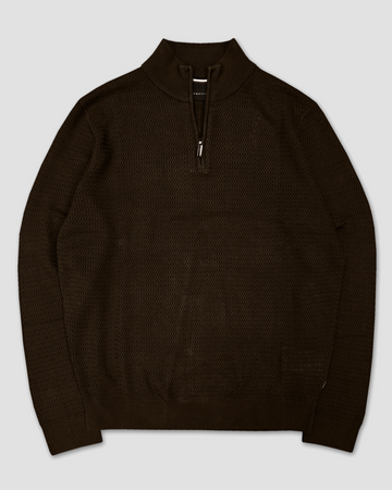 1/4 Zip Textured Cotton Pullover in Brown