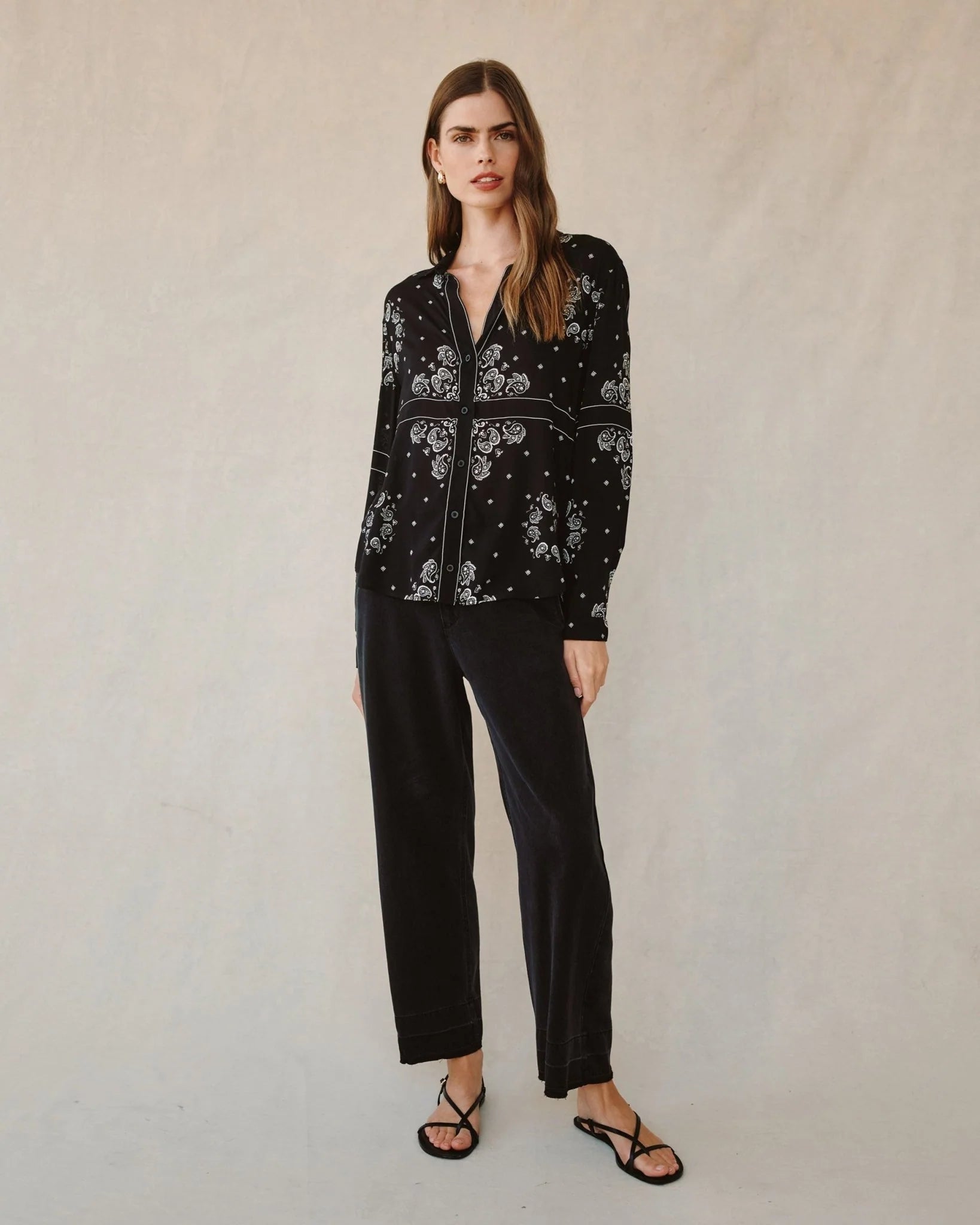 Button Down Blouse in Black Bandana Print