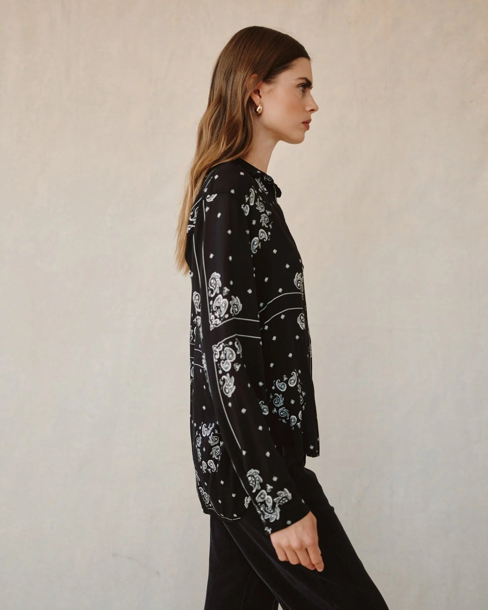 Button Down Blouse in Black Bandana Print