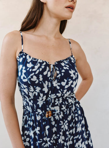 Elastic Waist Midi Dress in Indigo Bloom