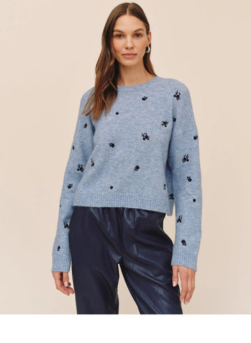 Embroidered Crew Neck Sweater in Blue Dream
