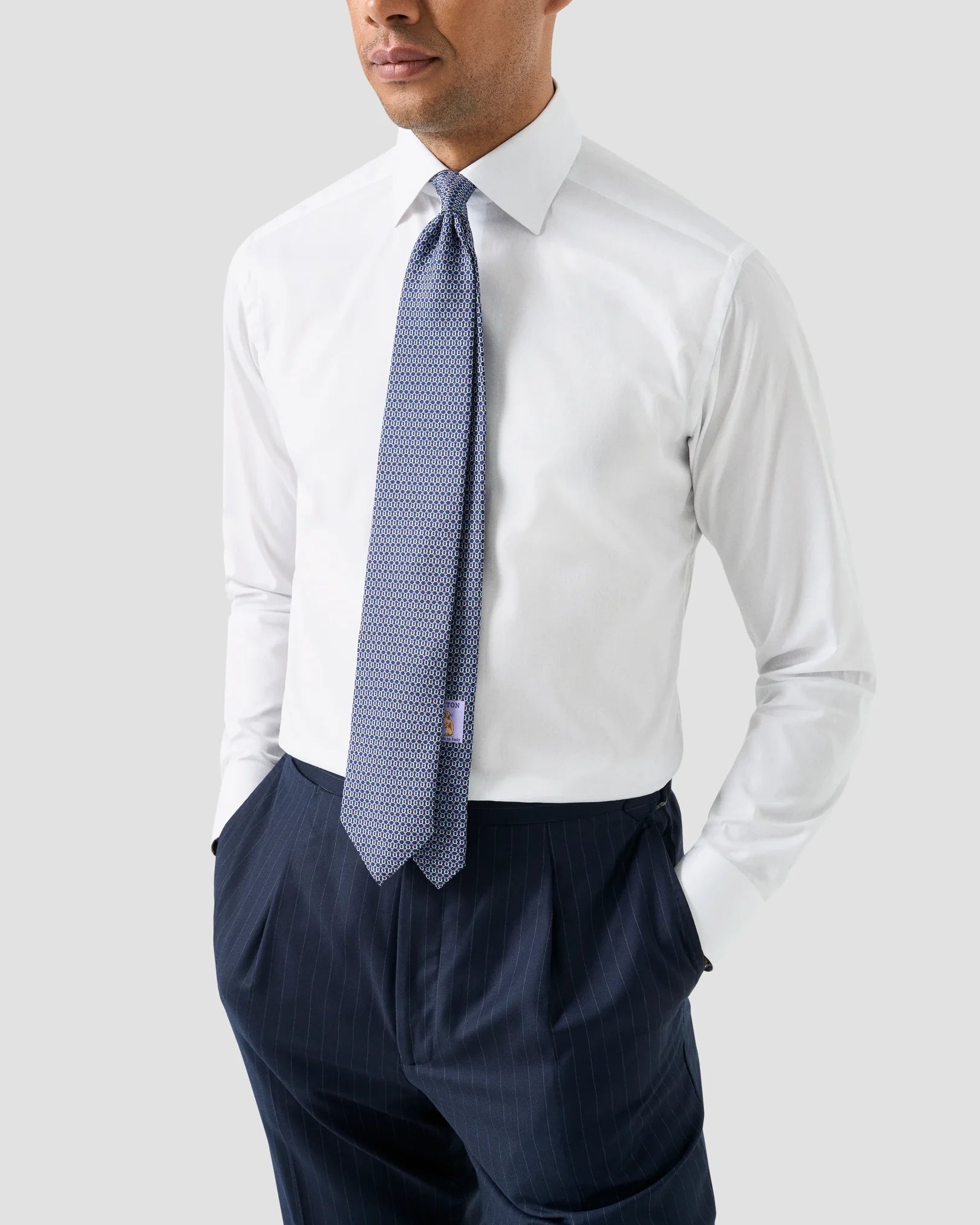 Signature Twill Dress Shirt in White with Feature Navy Floral Contrast