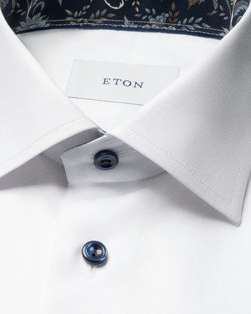 Signature Twill Dress Shirt in White with Feature Navy Floral Contrast