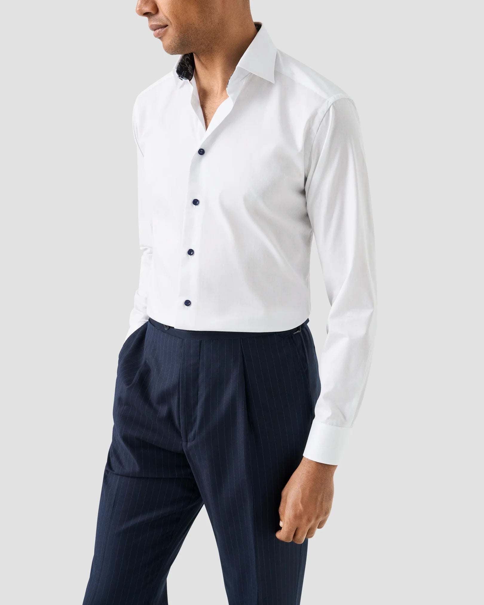 Signature Twill Dress Shirt in White with Feature Navy Floral Contrast