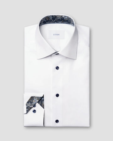 Signature Twill Dress Shirt in White with Feature Navy Floral Contrast