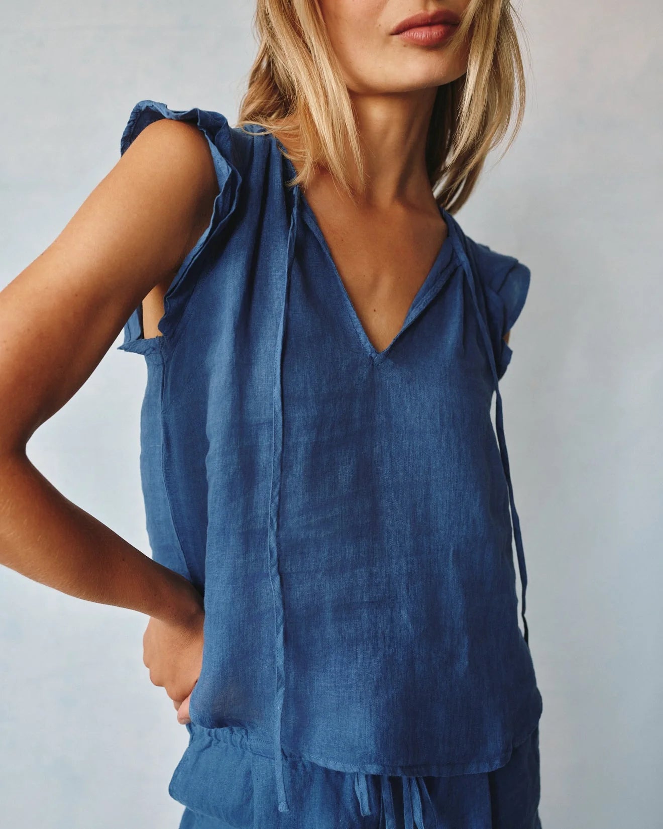 Linen Ruffle Sleeve Top in Antique Indigo